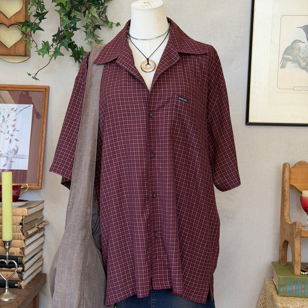 Guess Burgundy Plaid Viscose Shirt Oversized Indie Grunge Y2K Medium Skater
